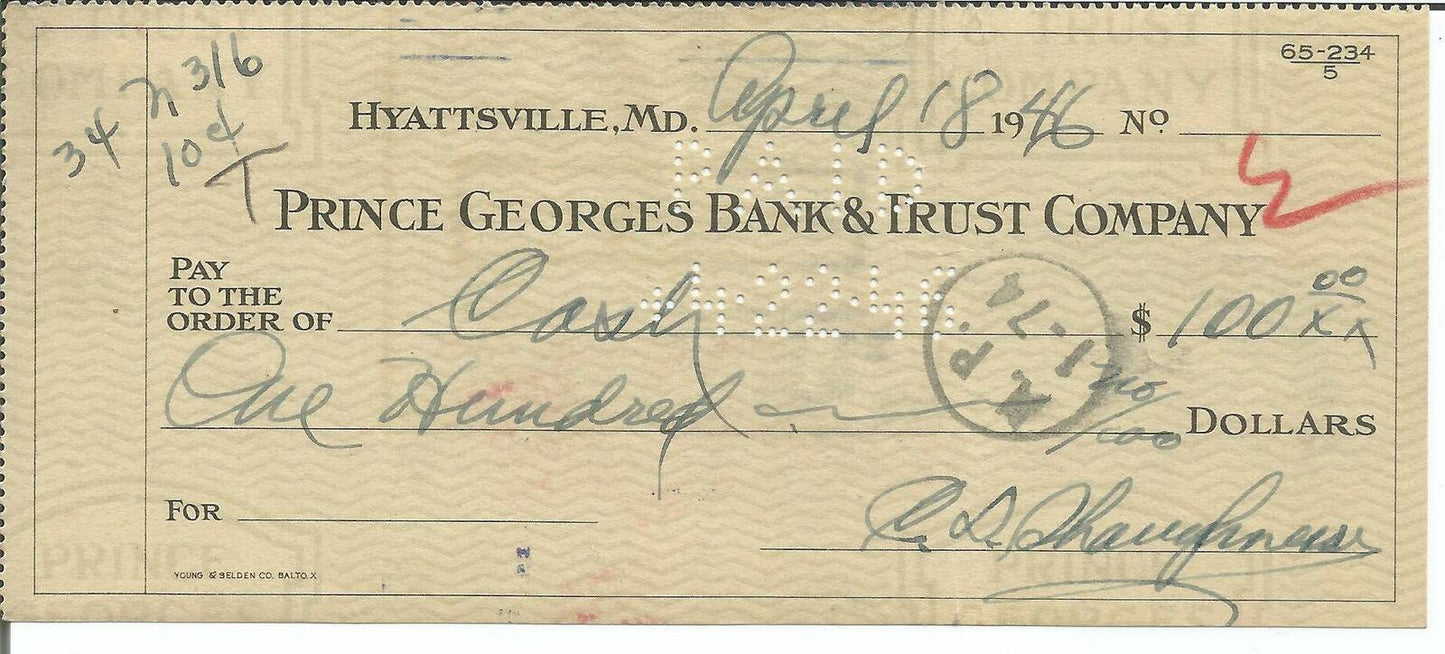 Clark Shaughnessy CHOF Signed/Autographed 1946 Bank Check 150332