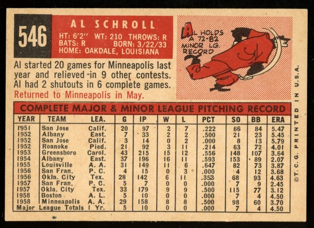 1959 Topps Baseball Al Schroll #546 Philadelphia Phillies