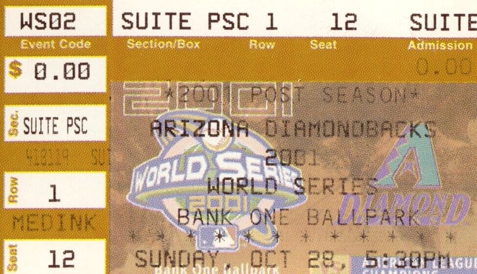 2001 World Series Game 2 Ticket Stub D-backs 4 Yankees 0 Johnson 11 Ks W 155162