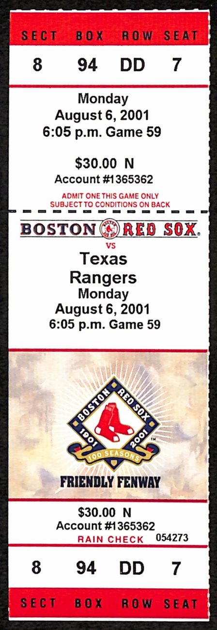 2001 Ticket Red Sox-TEX Hatteburg Hits into Triple Play/Grand Slam Same Game