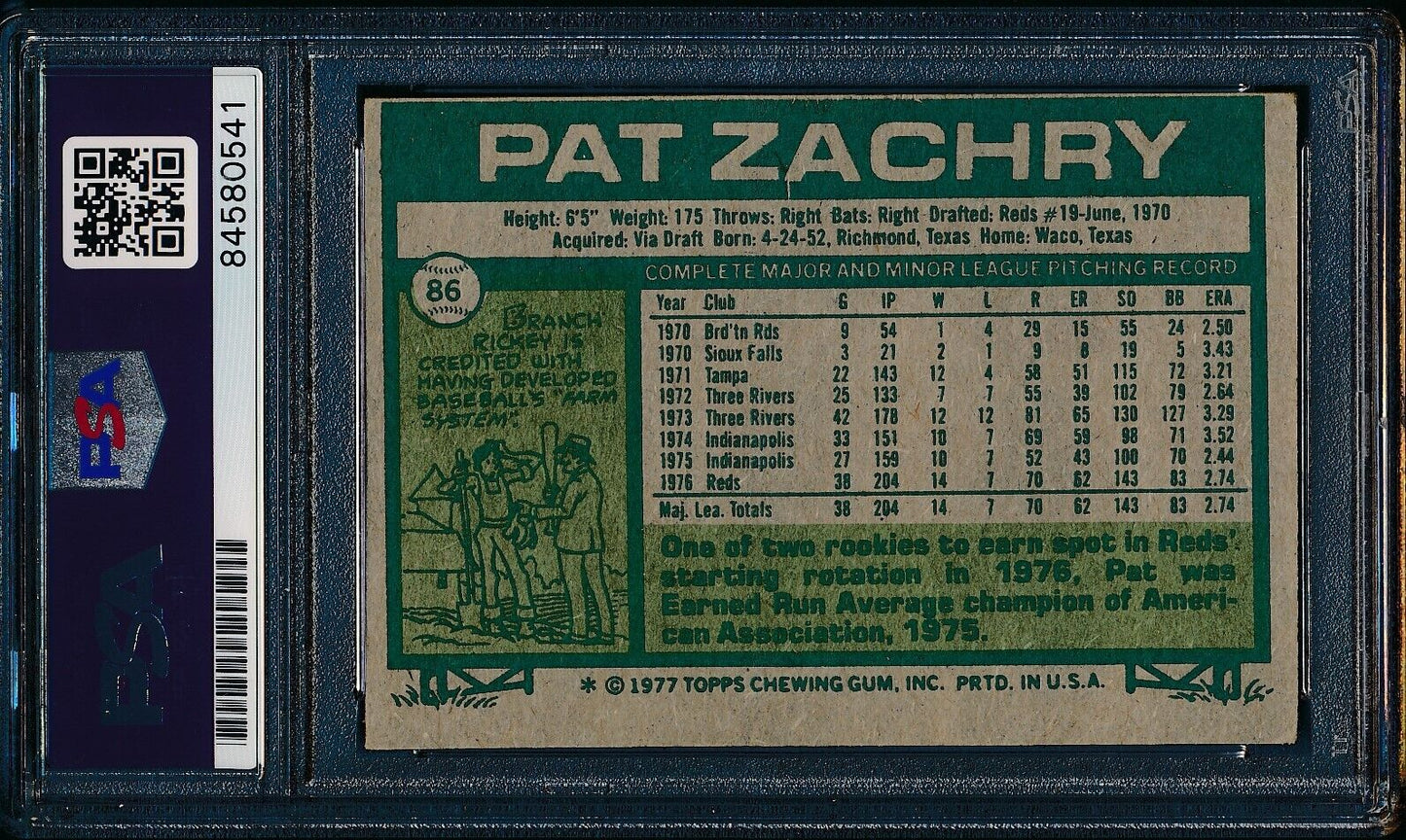 Pat Zachry Autographed 1977 TOPPS Card #86 Reds PSA/DNA