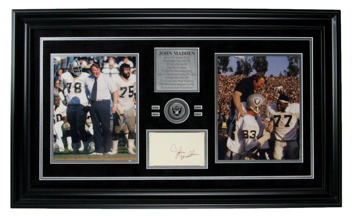 John Madden HOF Raiders 8x10 Photos with Signed 3x5 Index Card Framed 165825