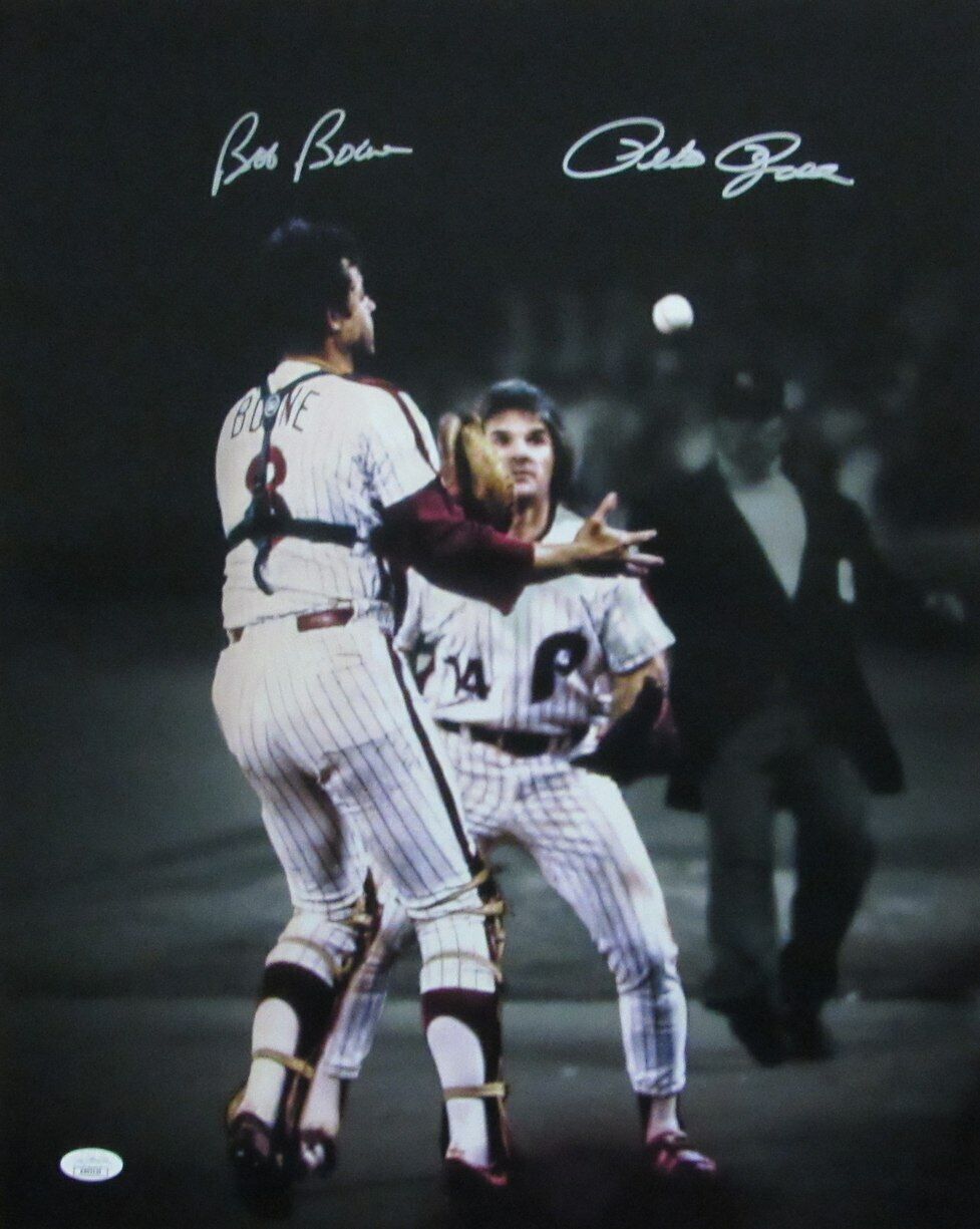 Pete Rose/Bob Boone Phillies Autographed 16x20 1980 WORLD SERIES Photo JSA