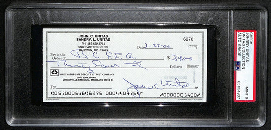 Johnny Unitas HOF Signed/Autographed 2000 Bank Check Colts PSA/DNA MINT 9 189580