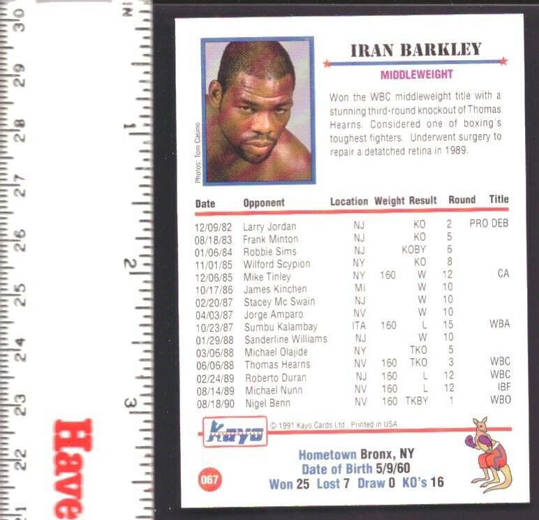 Iran Barkley Boxer Signed/Autographed 1991 Kayo Trading Card #67 151872