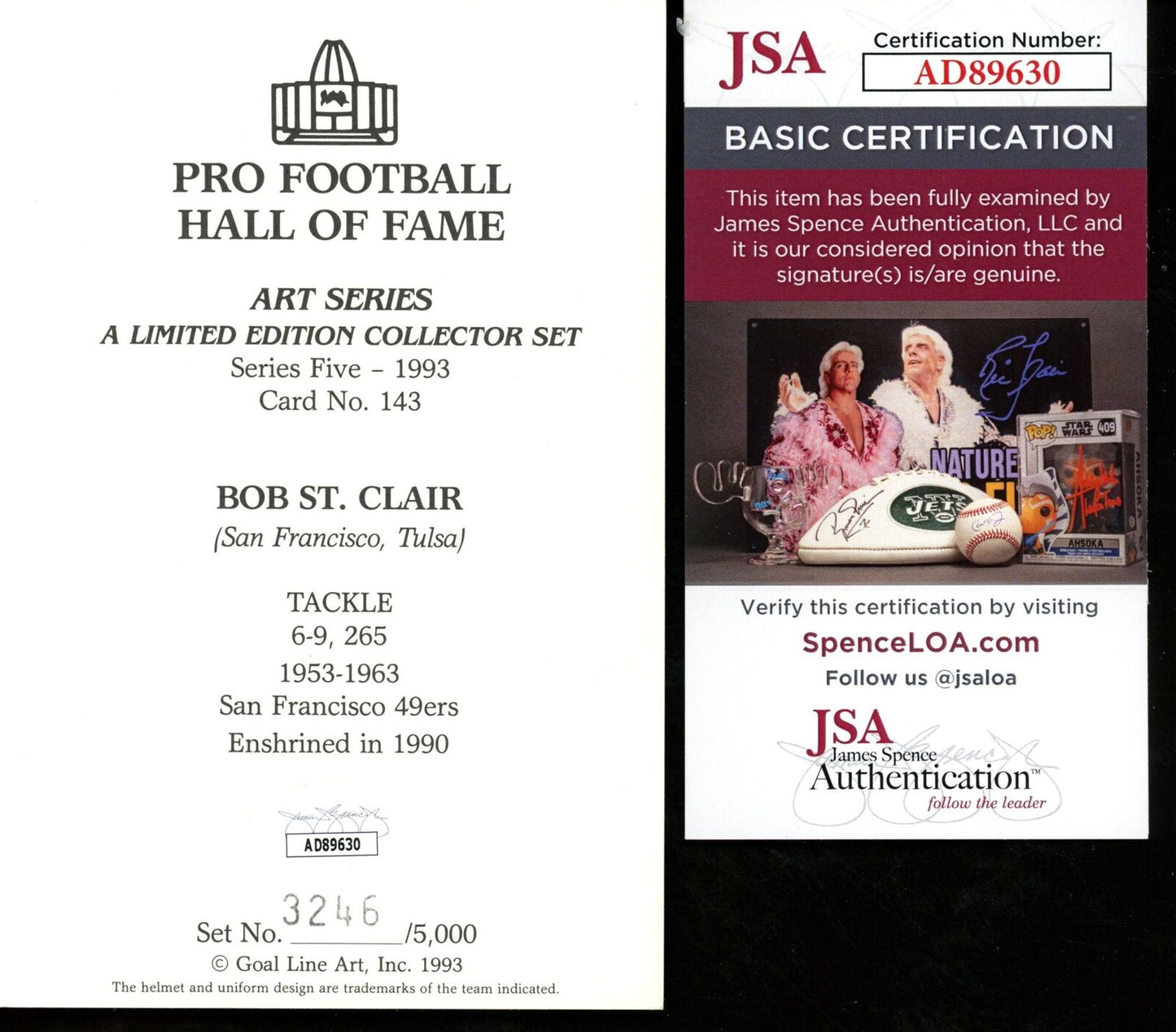 Bob St. Clair HOF Autographed/Inscribed Goal Line Art GLAC Postcard 49ers JSA