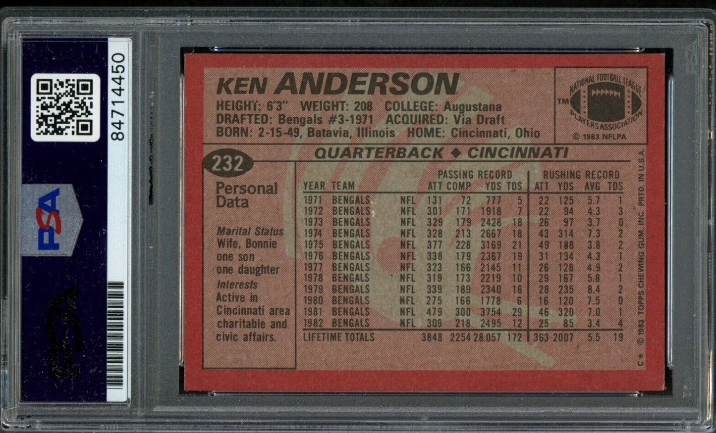 1983 TOPPS Ken Anderson #232 Authentic Card Signed Bengals PSA/DNA 176803