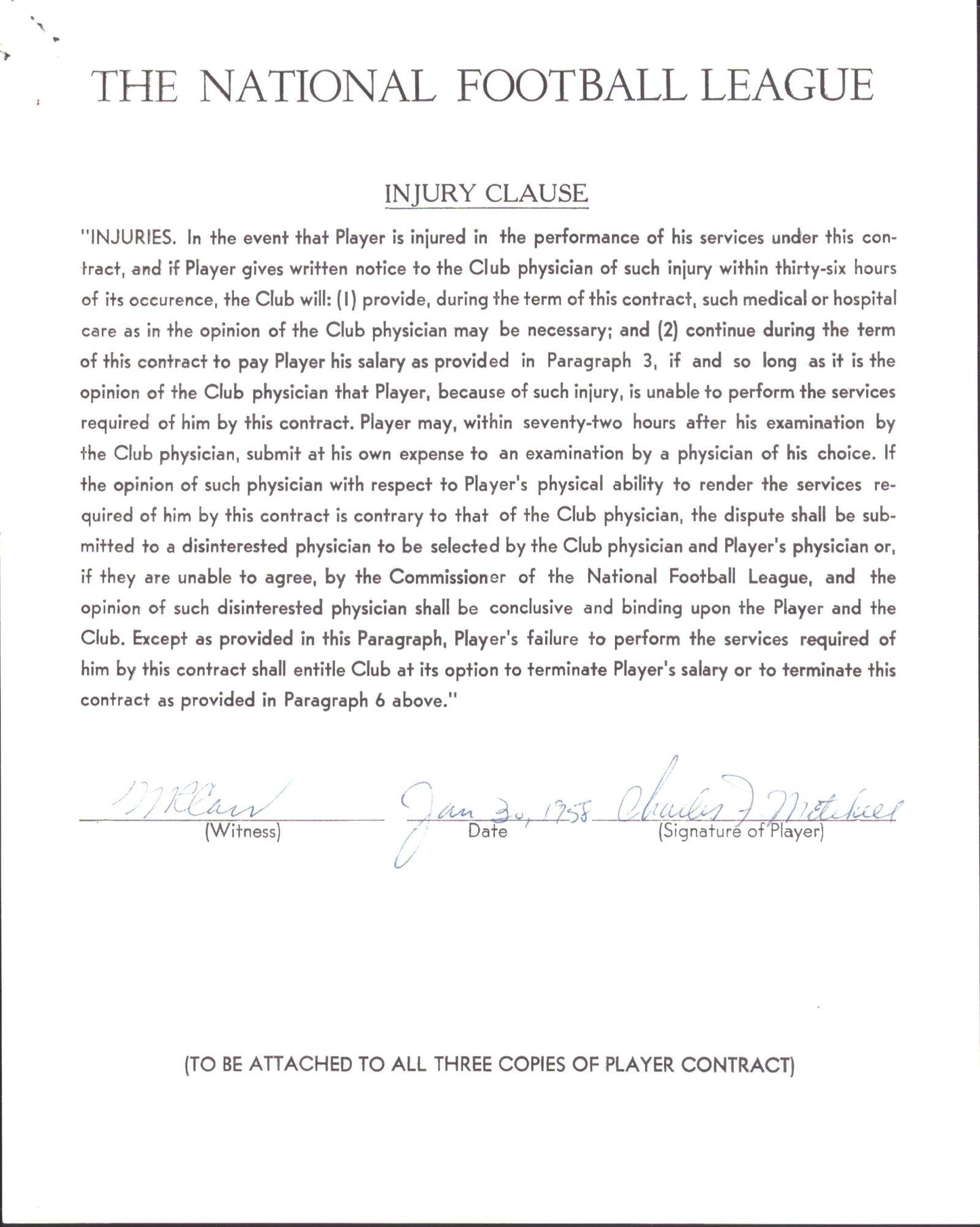 Chaeles Mitchell Autographed 1958 NFL Injury Clause Letter Atlanta Falcons