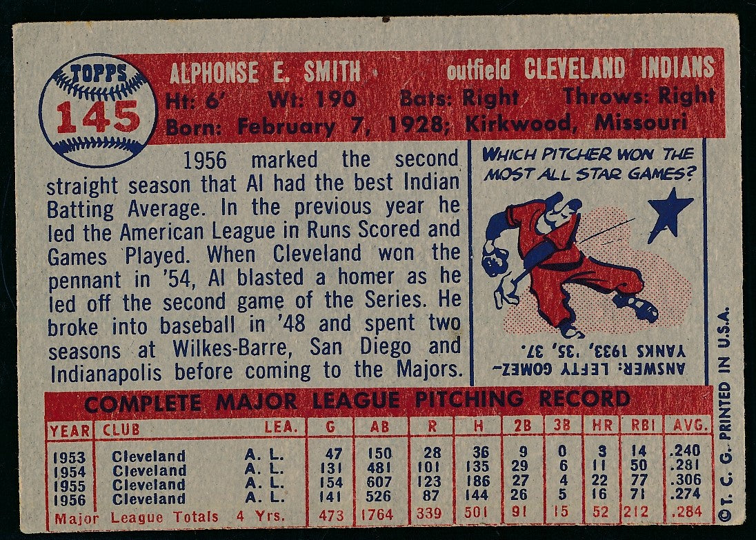 1957 TOPPS Al Smith Card #145 Cleveland Indians 177153