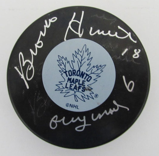 Bronco Horvath Autographed/Inscribed Toronto Maple Leafs Hockey Puck Beckett