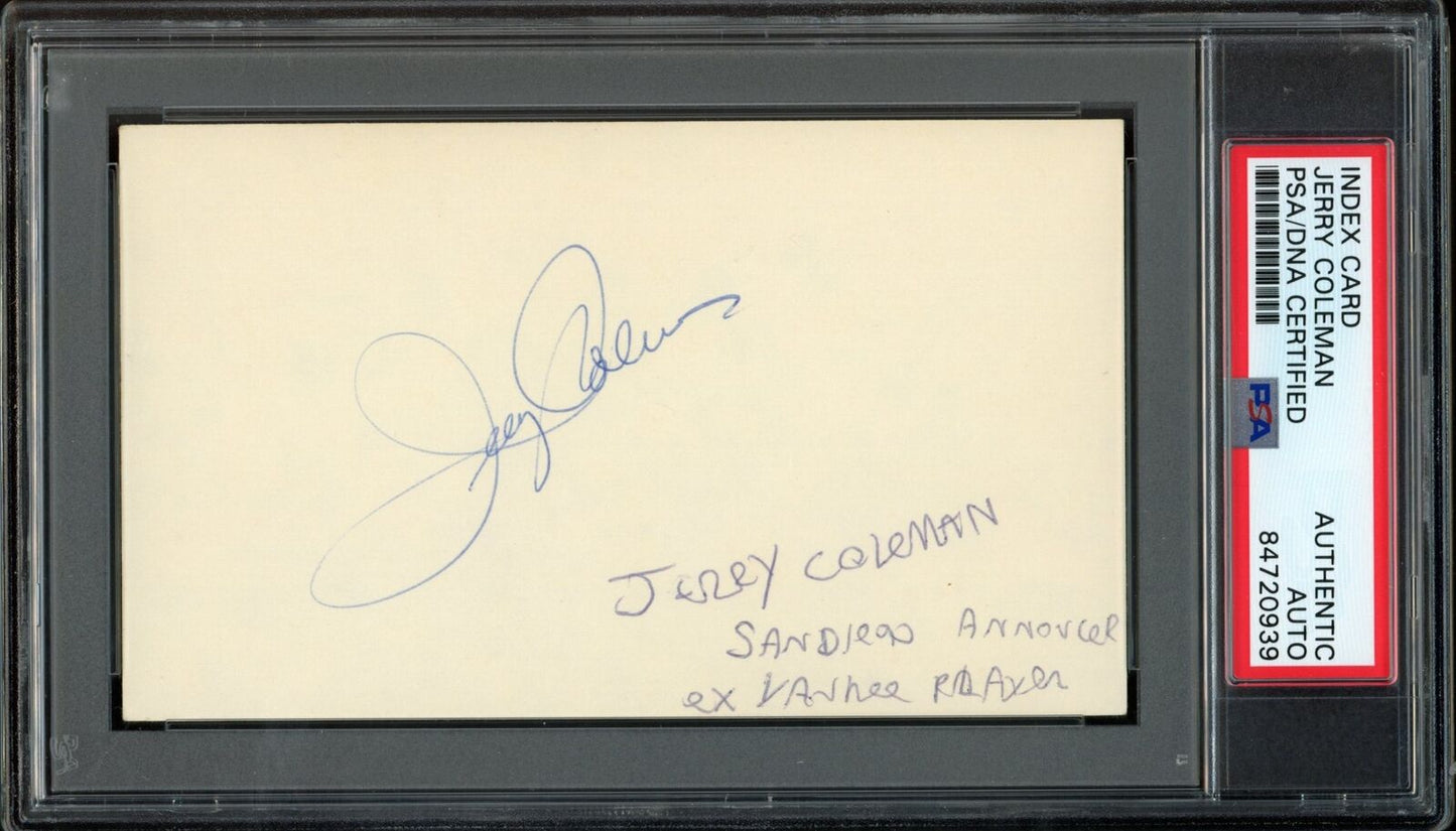 Jerry Coleman Autographed/Inscribed 3x5 Index Card New York Yankees PSA/DNA