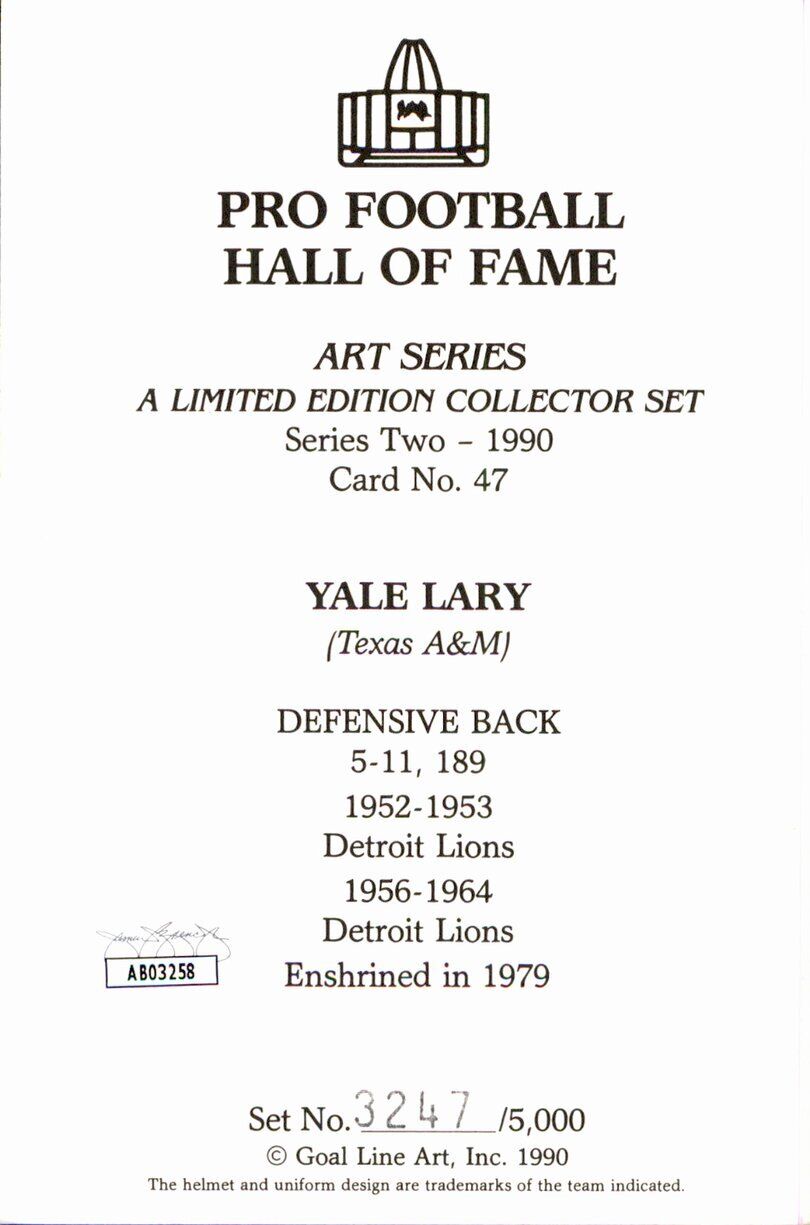 Yale Lary HOF Lions Signed/Inscr Goal Line Art GLAC Postcard JSA 167146