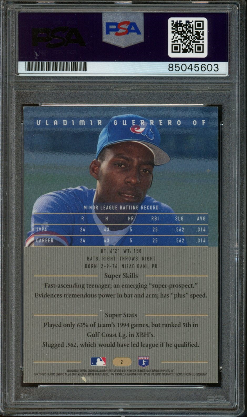 Vladimir Guerrero Montreal Expos Signed 1995 Bowman's Best Rookie #2 PSA/DNA