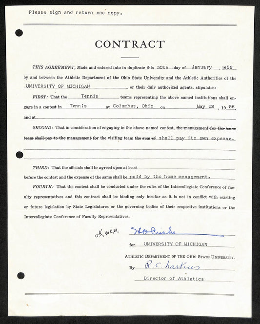 Fritz Crisler CFB HOF Signed 1956 Contract University of Michigan JSA 185594