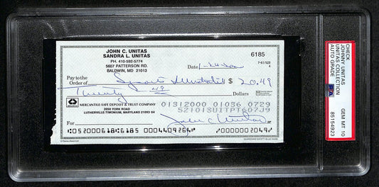 Johnny Unitas HOF Signed/Auto 2000 Bank Check Colts PSA/DNA GEM MT 10 192622