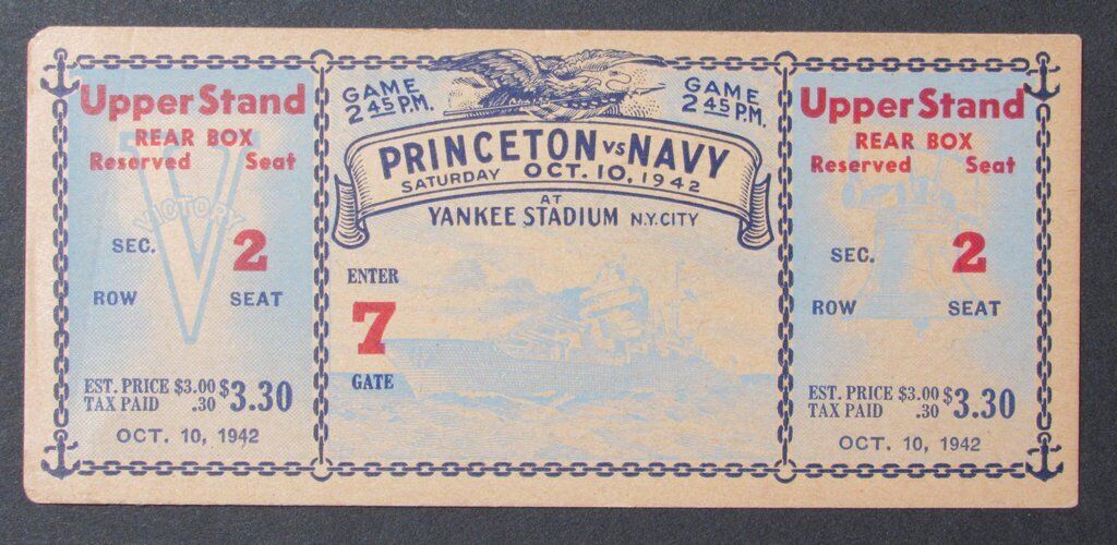 1942 Princeton Tigers vs. Navy Midshipmen Proof Ticket 10/10/42 Yankee Stadium