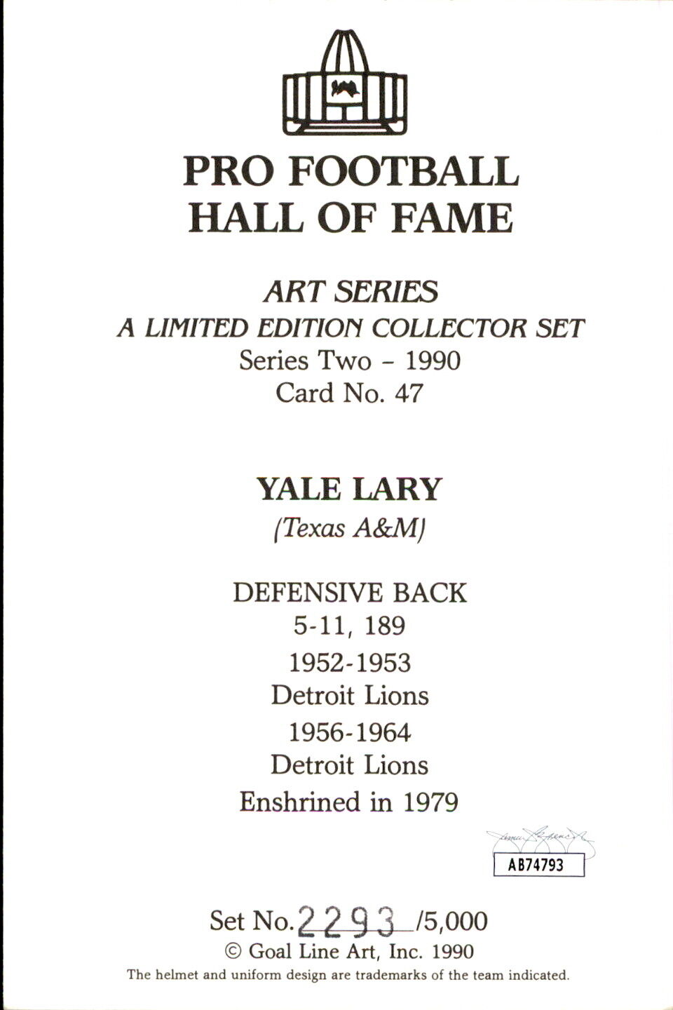 Yale Lary HOF Autographed/Inscribed Goal Line Art GLAC Postcard Lions JSA
