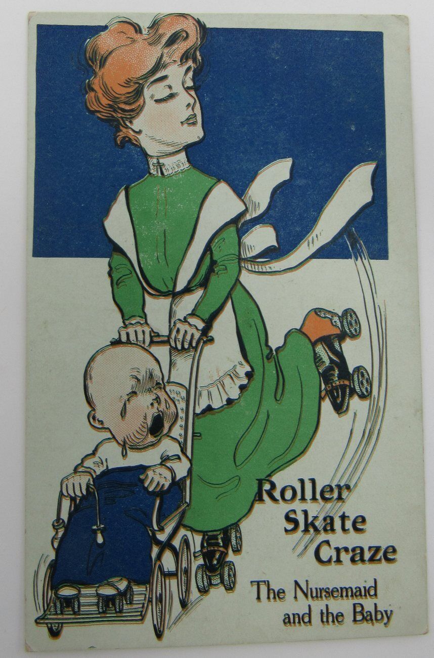 Roller Skating Craze Comic, The Nursemaid and the Baby, Vintage 1907 Postcard