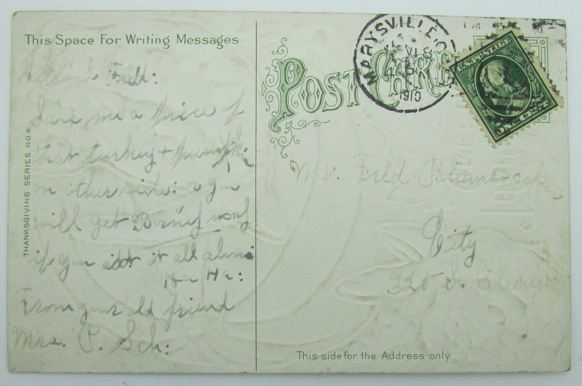 Vintage Postcard postmarked 1910 "Thanksgiving Greetings" 140011