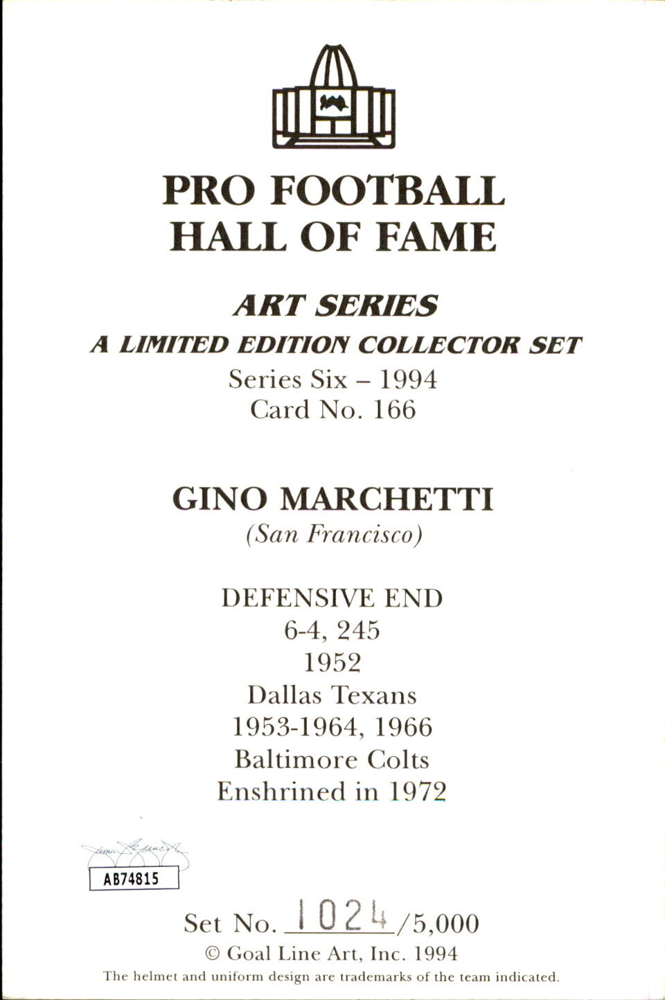 Gino Marchetti HOF Autographed/Inscribed Goal Line Art GLAC Postcard Colts JSA