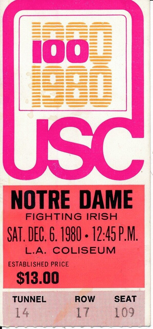 1980 USC Trojans vs. Notre Dame Football Game Ticket Stub M. Allen148493