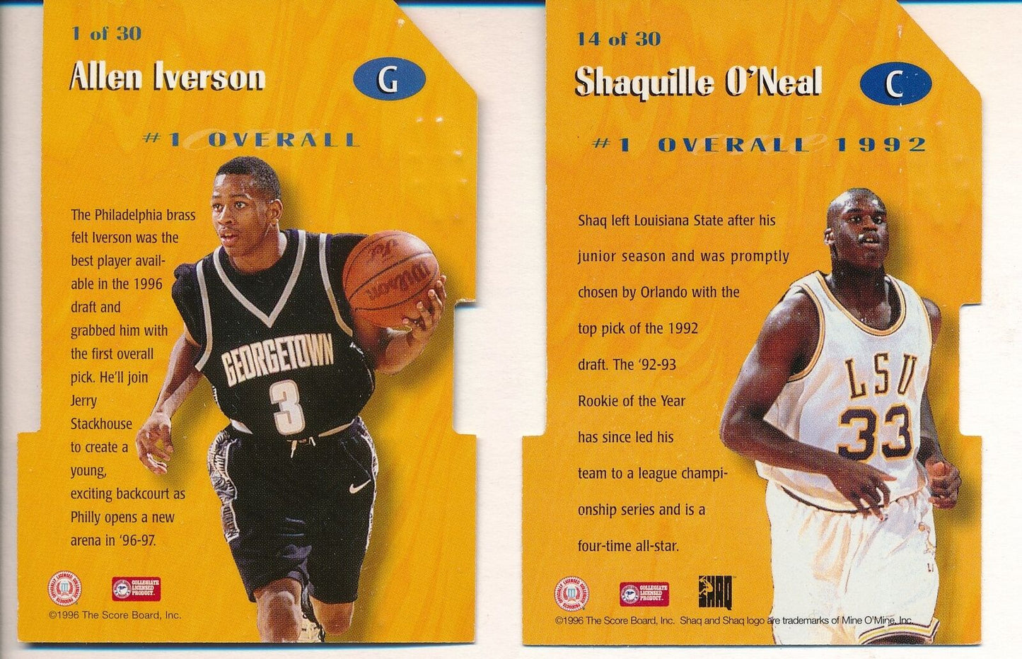 Lot of 2 1996 Score Board Cards Shaquille O'Neal #14, Allen Iverson #1 159451