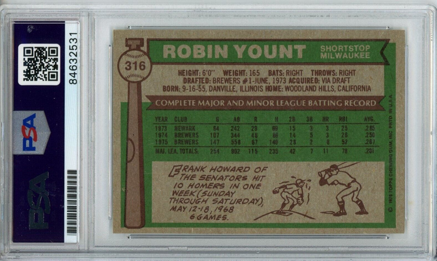 1976 Topps Robin Yount HOF #316 Card Signed Brewers PSA/DNA GEM MINT 10