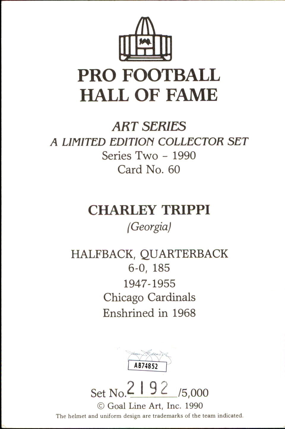 Charley Trippi HOF Autographed Goal Line Art GLAC Postcard Chicago Cardinals JSA