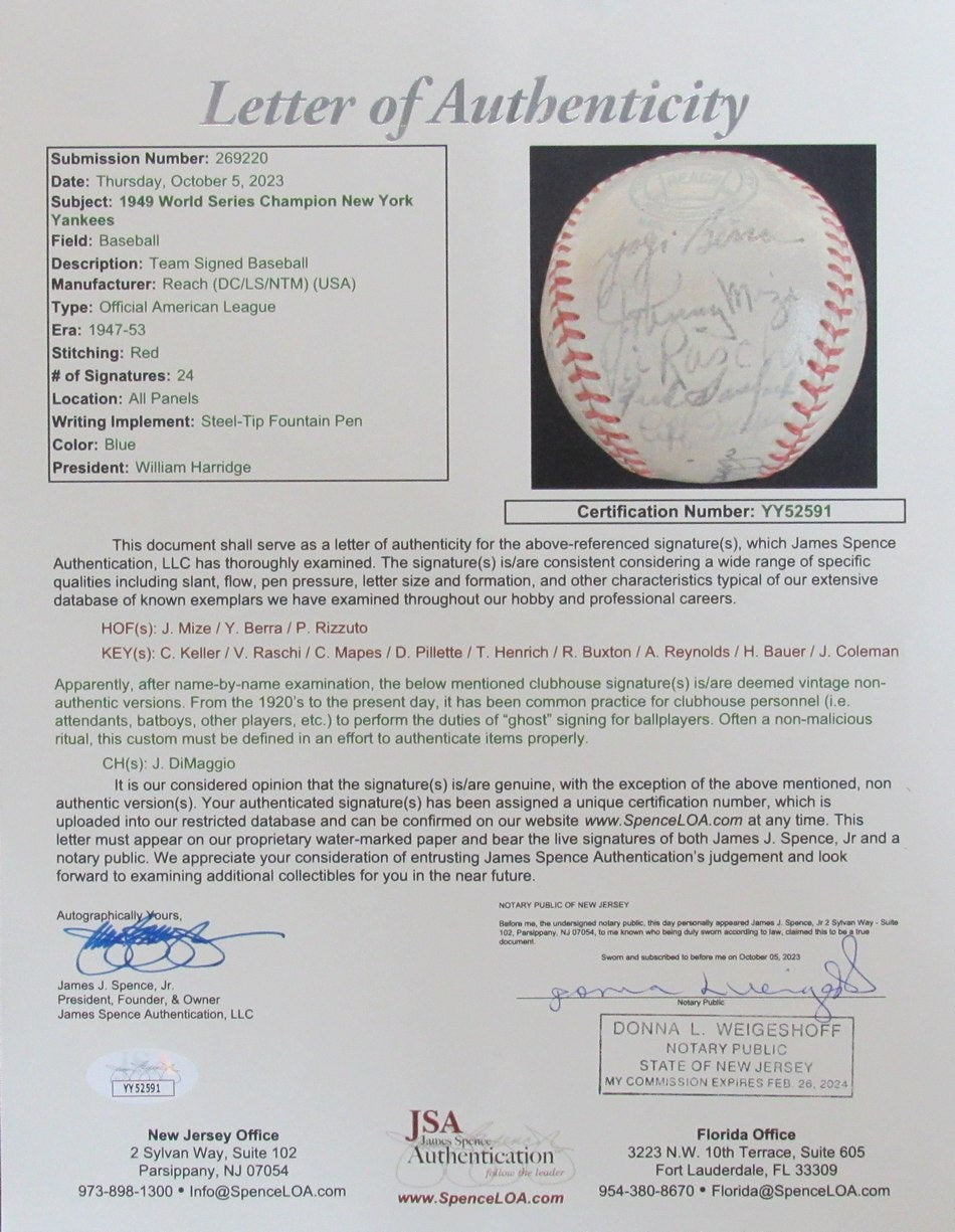 1949 Yankees OAL Team Signed Baseball (24) WS Champ HOFer Berra/Mize/Rizzuto JSA