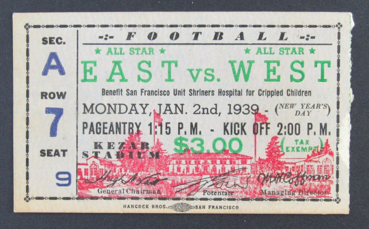 1939 East West Shrine Game Ticket Stub Kezar Stadium SF, Californina 1/2/39