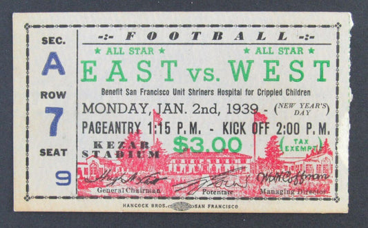 1939 East West Shrine Game Ticket Stub Kezar Stadium SF, Californina 1/2/39