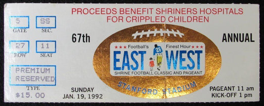 1992 East vs. West Shrine Game Ticket Stub Stanford Stadium 1/19/92 Vincent
