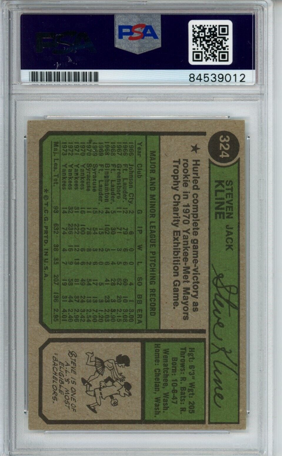 Steve Kline Yankees Signed/Autographed 1974 TOPPS Card #324 PSA/DNA 166838