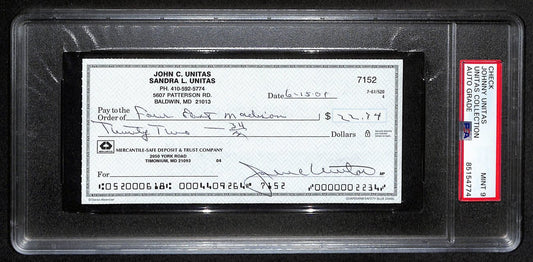 Johnny Unitas HOF Signed/Auto 2001 Bank Check Colts PSA/DNA MINT 9 192614