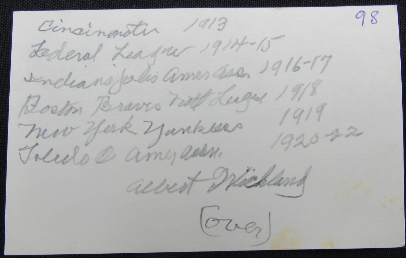 Albert Wickland 1919 New York Yankees d.1980 Signed 3x5 Index Card