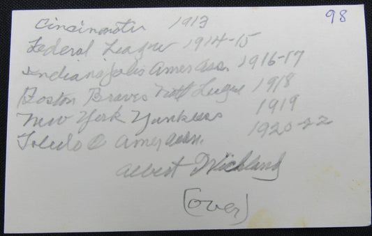 Albert Wickland 1919 New York Yankees d.1980 Signed 3x5 Index Card