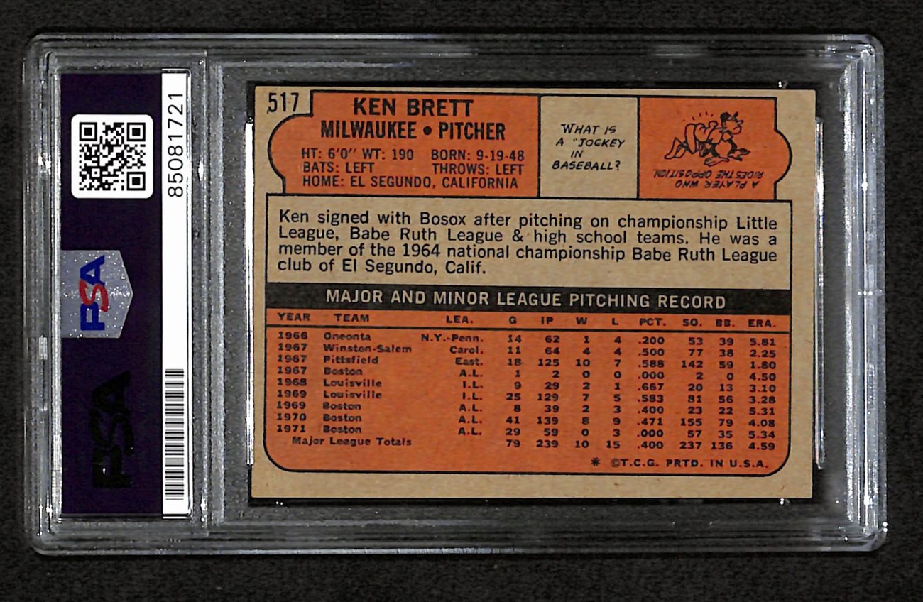 Ken Brett Signed 1972 Topps Card #517 Milwaukee Brewers PSA/DNA 184581