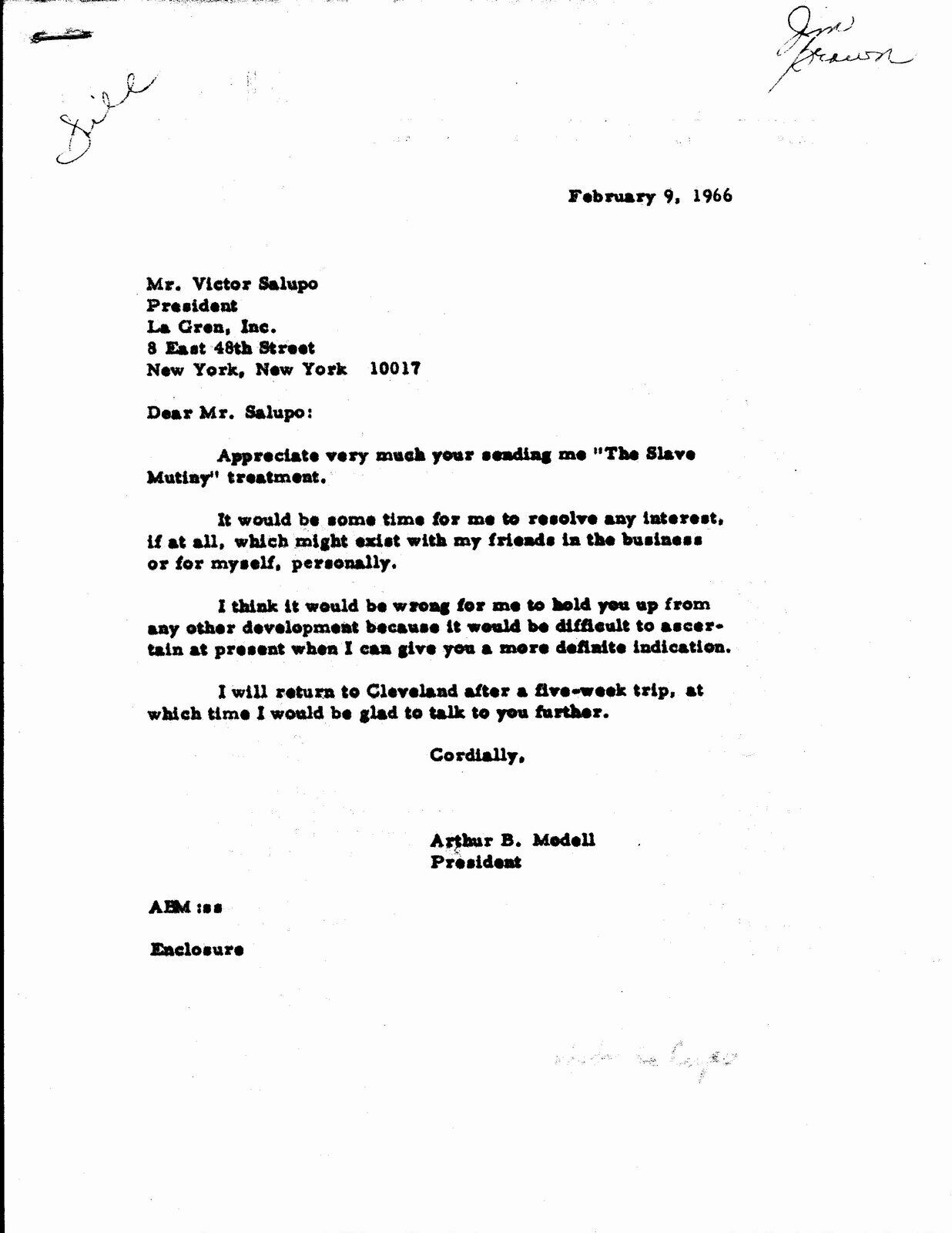 Febraury 9, 1964 Letter from Art Modell about "Slave Mutiny" Jim Brown 145008