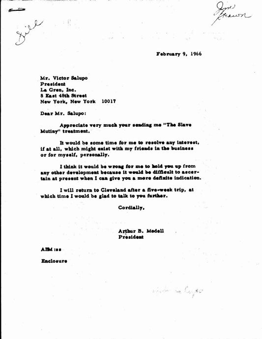 Febraury 9, 1964 Letter from Art Modell about "Slave Mutiny" Jim Brown 145008