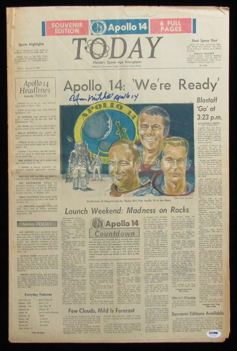 Apollo 14 Astronaut Edgar Mitchell Signed/Insc 1971 Souvenir Newspaper PSA/DNA