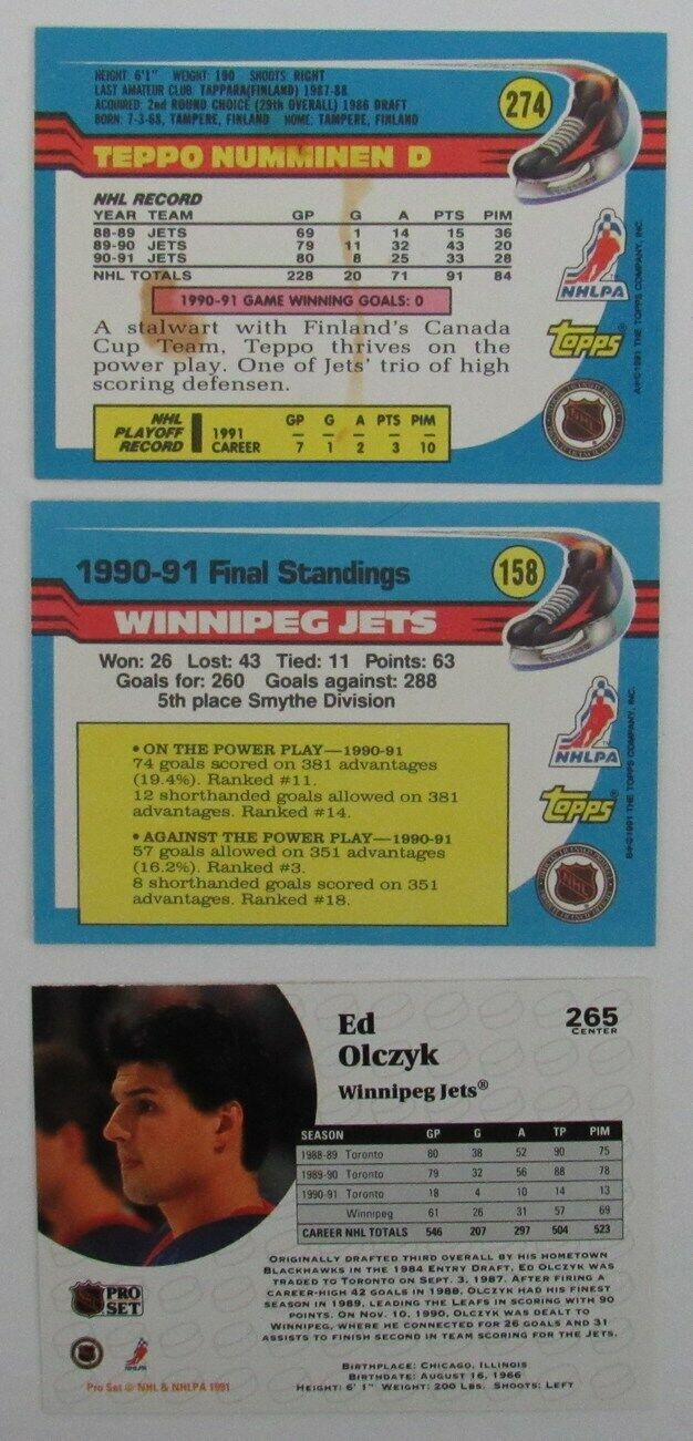 Lot of 3 Signed/Autographed Winnipeg Jets 1991 NHL Trading Cards 159400