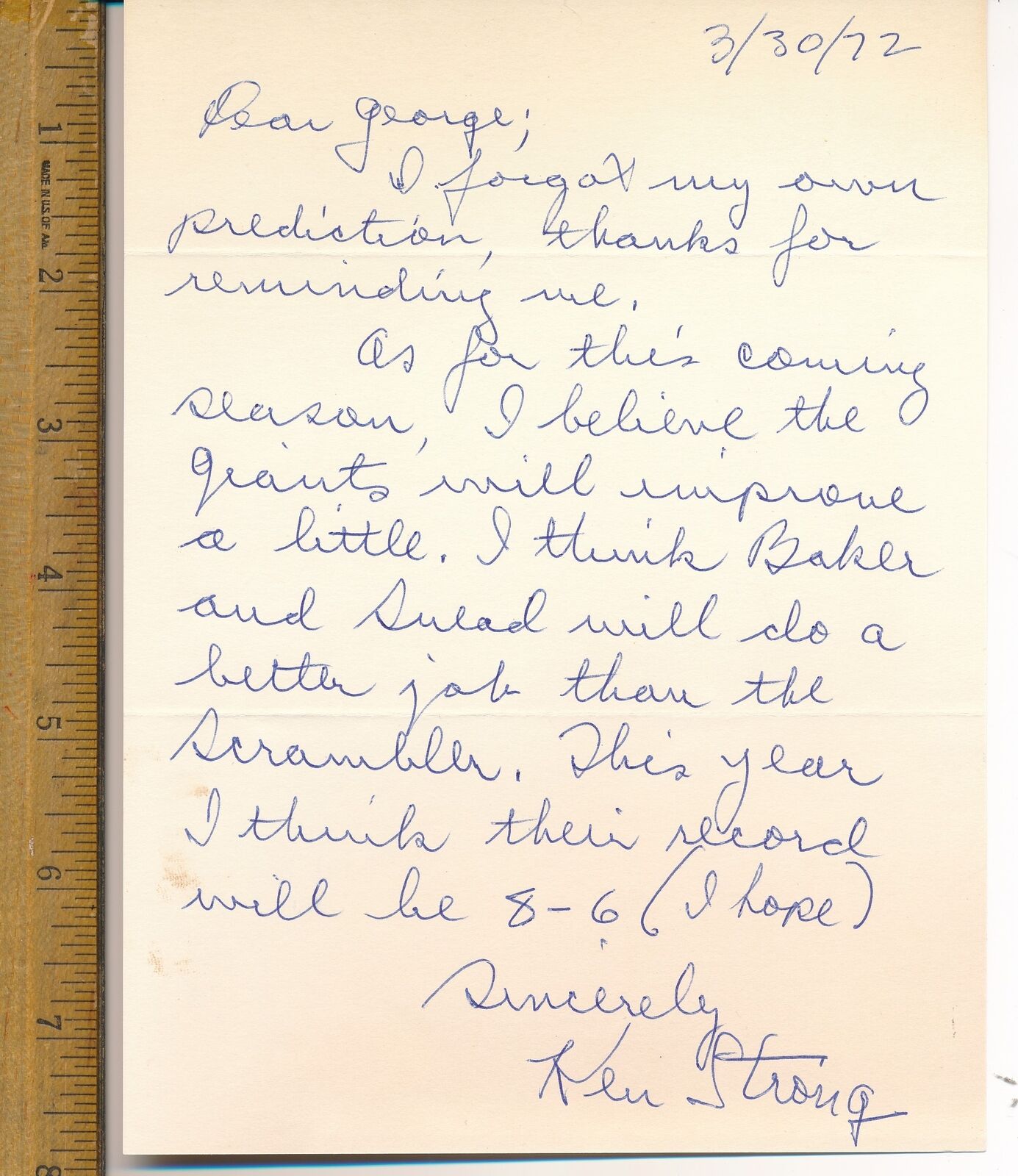 Ken Strong HOF Autographed Personal Letter New York Giants JSA