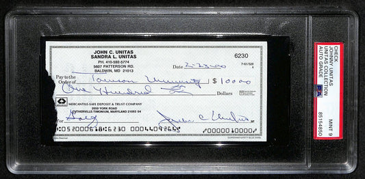 Johnny Unitas HOF Signed/Autographed 2000 Bank Check Colts PSA/DNA MINT 9 189578