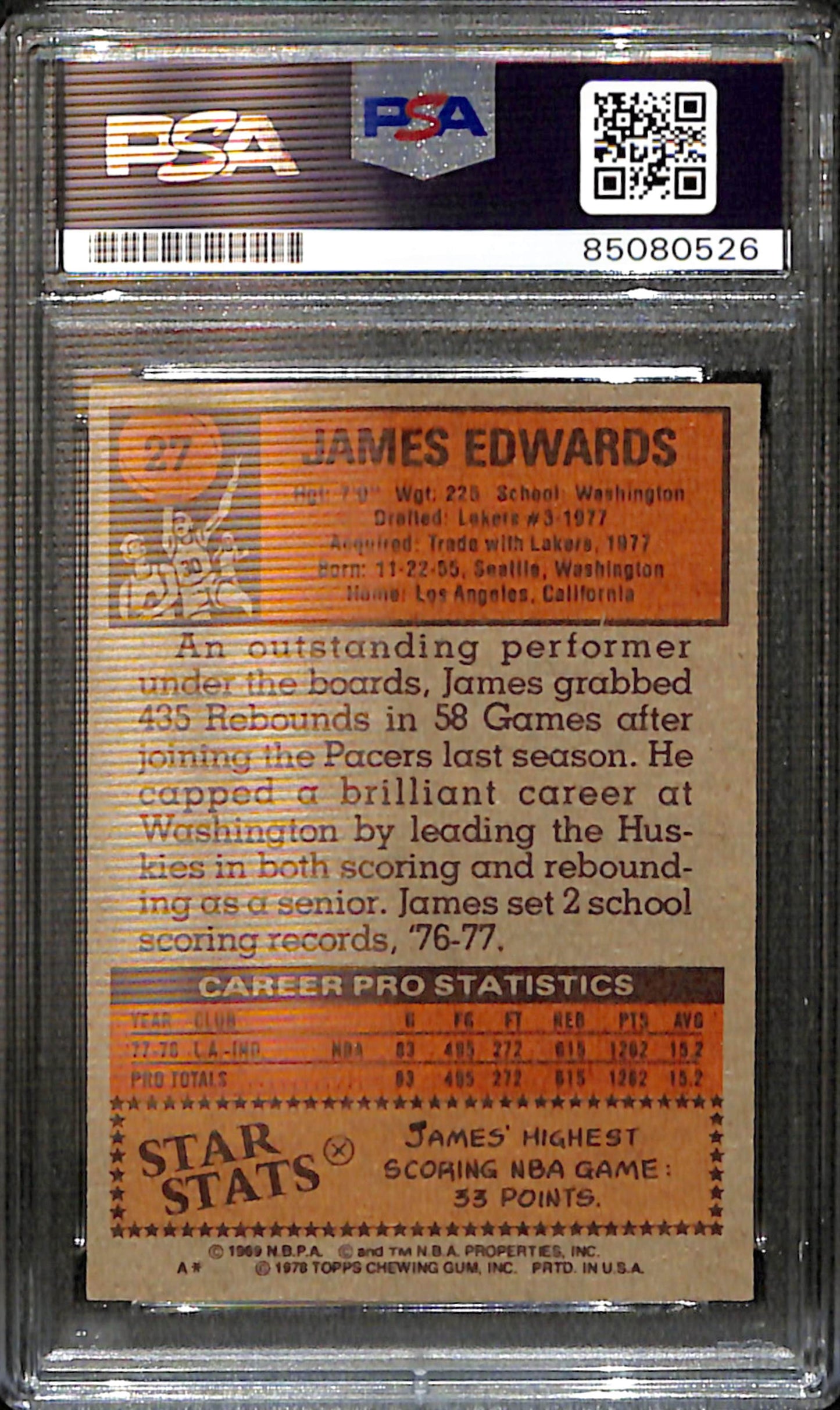 James Edwards Signed/Auto 1978 Topps Card #27 Indiana Pacers PSA/DNA 185430