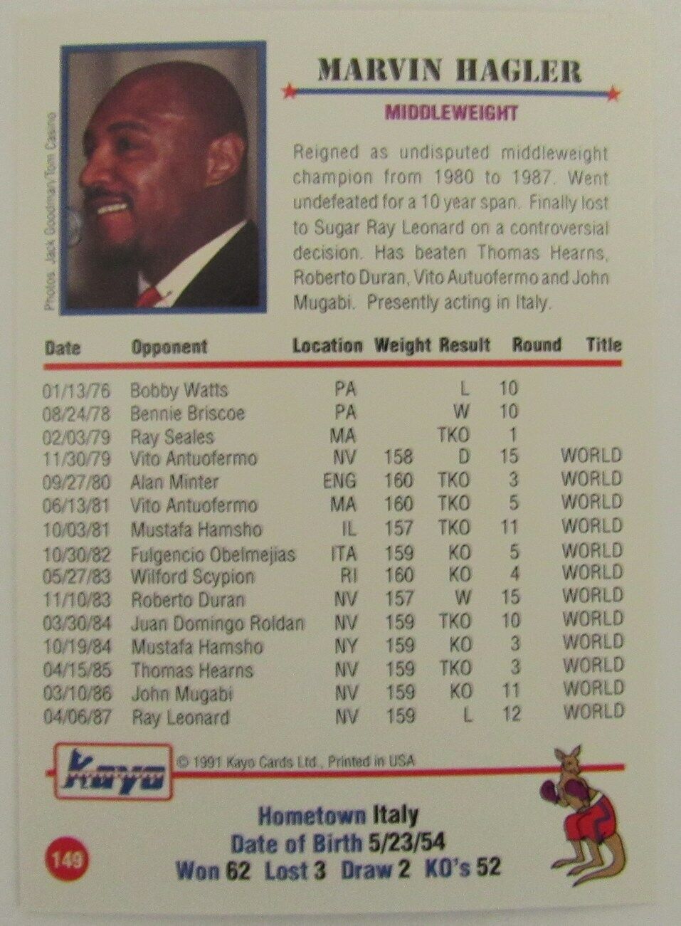 Lot of 7 Marvin Hagler Boxer 1991 Kayo Trading Cards #149 158130