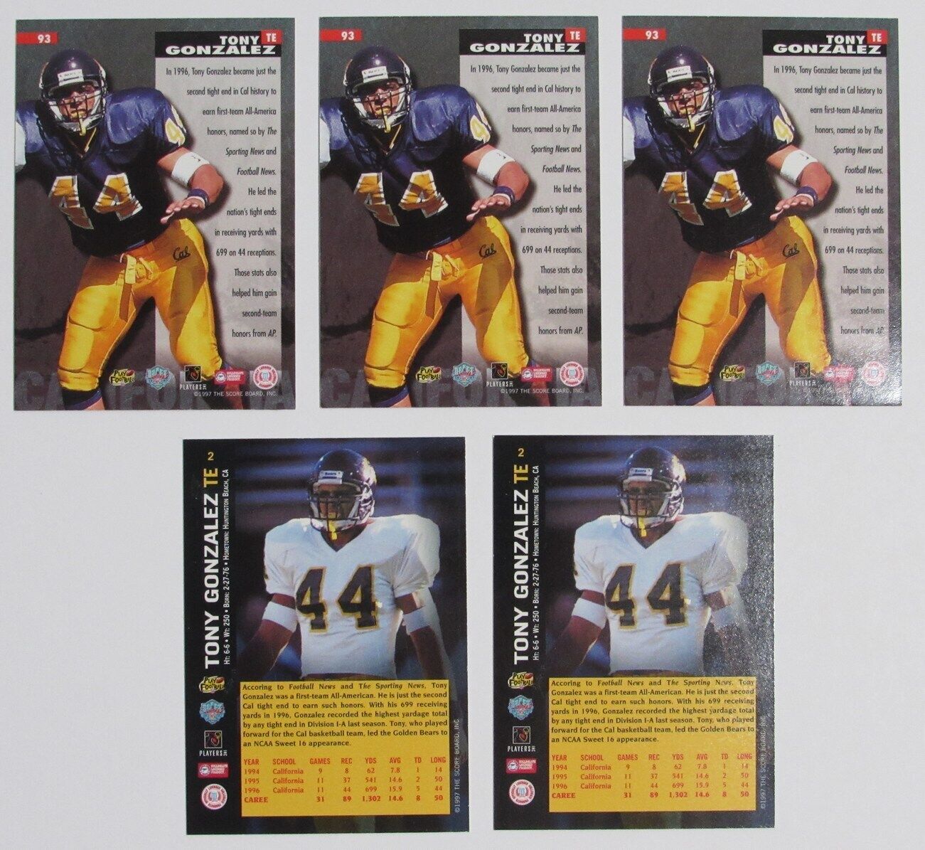 Lot of 6 Tony Gonzalez HOF Kansas City Chiefs 1997 Scoreboard RC 180311