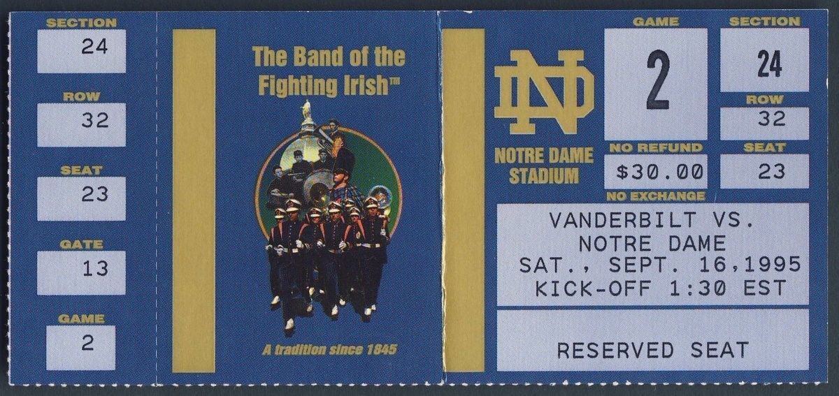 1995 Notre Dame v. Vanderbilt Full Unused Ticket 128305