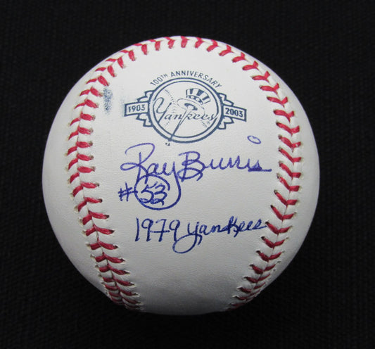 Ray Burris Signed/Auto Yankees 100th OML Baseball JSA Inscr 186699