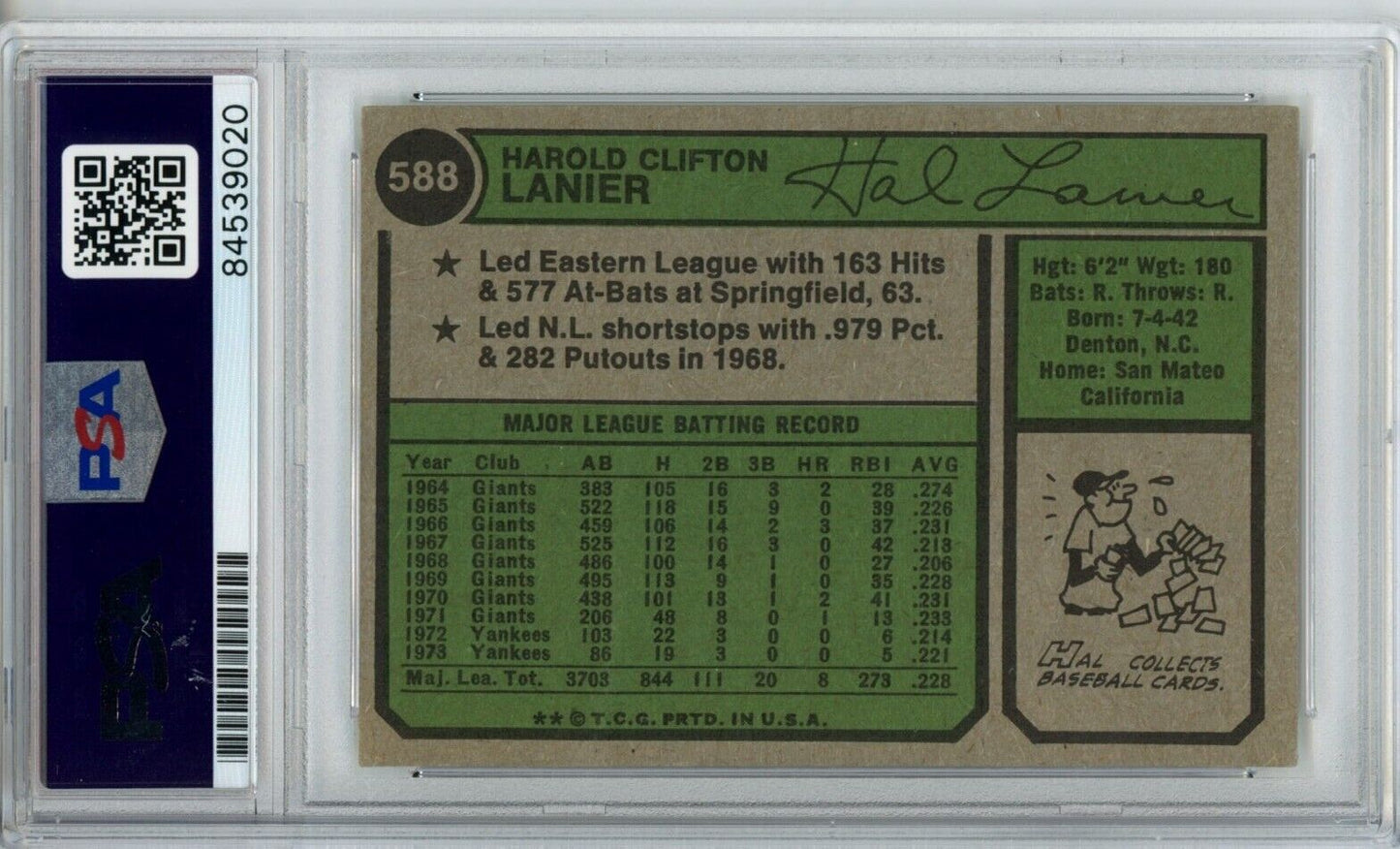 Hal Lanier Yankees Signed/Autographed 1974 TOPPS Card #588 PSA/DNA 166837