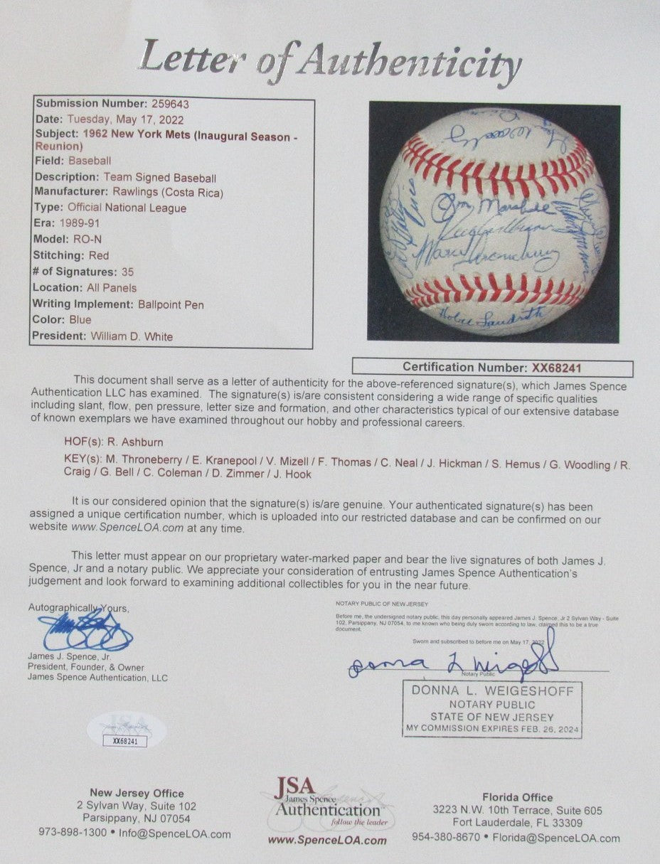 1962 Mets Team Signed/Autographed (35) ONL Baseball Ashburn HOF JSA 191733